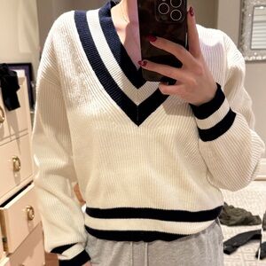 Mango V-Neck Sweater - White and Navy